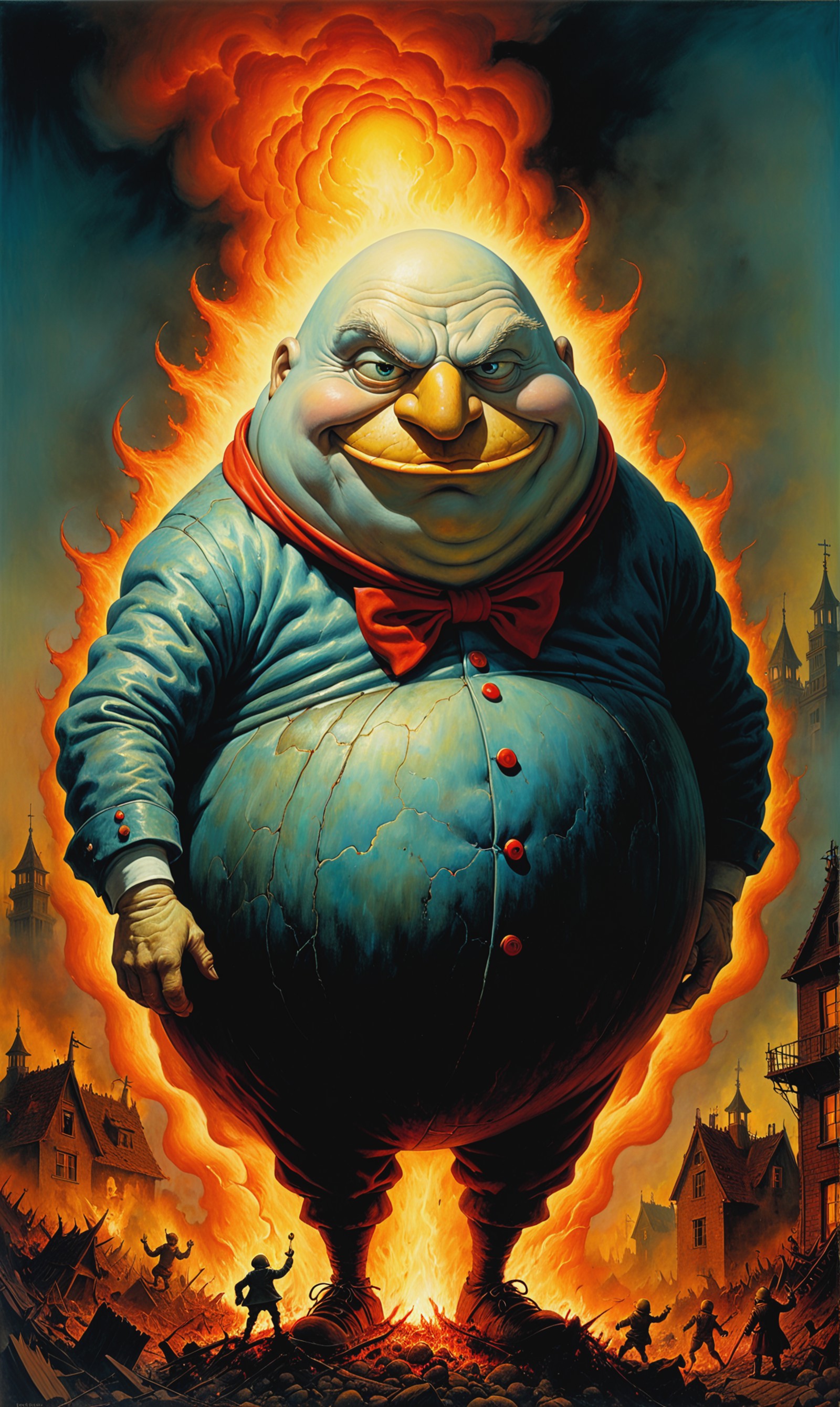 Negotiating nightmare frequencies, evil humpty dumpty caricature monstrosity burning in hell, by Dr Suess and Zdzislaw Bek...
